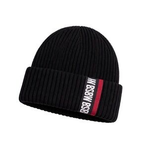 LF x BSBW Streetwear Ribbed Knit Beanie – Black Red Stripe Logo – OS Rare